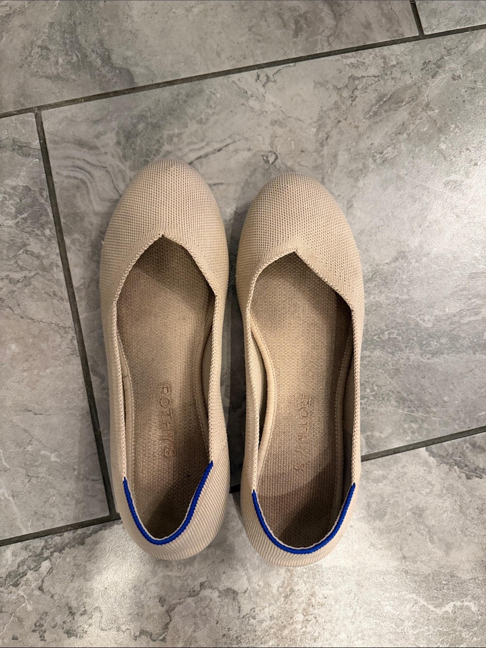 Rothy's Beige Ballet Flats with Blue Trim
